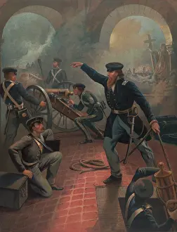Mexico Prints: Captain Ulysses S. Grant commanding soldiers at the fortress of Chapultepec in Mexico City