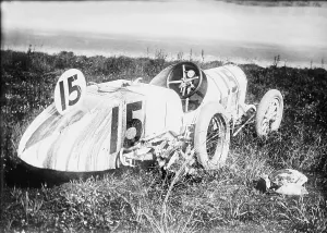 Number Prints: Car accident, Bob Burman's car after accident - Indianapolis, photograph, 1910-1915