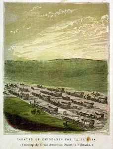 September Prints: Caravan of emigrants for California (Crossing the great American desert in Nebraska) 1850