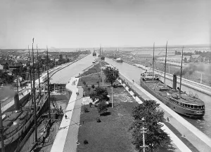 Shipping Prints: Cargo ships passing through the locks of the Sault Sainte Marie Canal which bypasses the rapids on the St