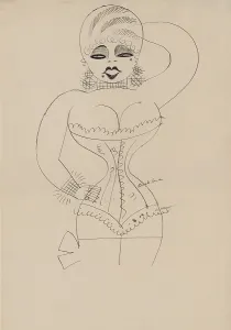 Underwear Prints: Caricature of a corseted Mae West by Miguel Cobarrubias. Ca. 1935