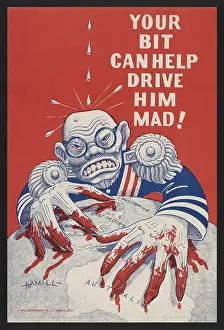 Blood Prints: Caricature of Emperor Hirohito with bloody fingers grasping on a globe as water drips on his head