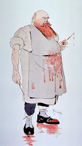 Physicians Prints: Caricature of a surgeon holding instruments and wearing blood splattered apron and shoes