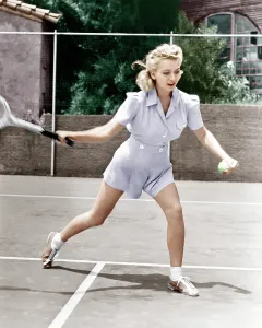 Tennis Racquet Prints: Carole Landis plays tennis, ca. 1940