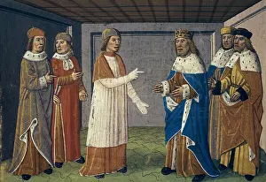 Courtier Prints: Carolingian Empire. Charlemagne welcomes Pope Leo XIII who fled Rome