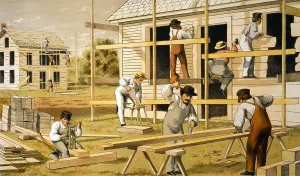 Hammer Prints: Carpenters at work building two houses. Ca. 1874