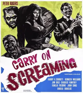 Fielding Prints: CARRY ON SCREAMING!, British poster, from left: Fenella Fielding, Kenneth Williams, 1966