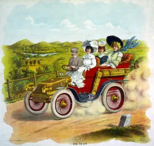 Edwardian Prints: Cars. En tour, illustration of three women and a man riding in touring car in the country