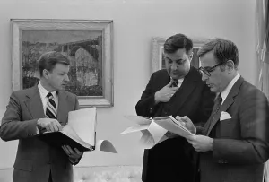 Harold Prints: Carter Administration senior advisors in a stand up meeting at the White House L to R Zbigniew Brzezinski National