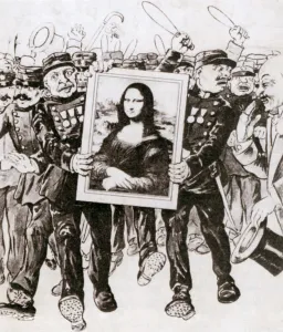 Protection Prints: Cartoon of police guarding the Mona Lisa as the painting returns to France