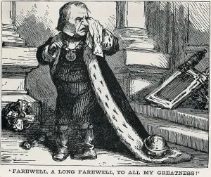 Crown Prints: Cartoon of President Andrew Johnson, dressed in a king's robes, crying