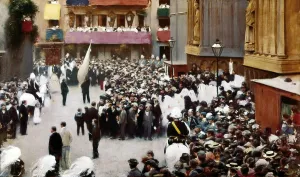 CASAS i CARBORamn (1866-1932). Corpus Christi procession leaving the Church of Santa Maria del Mar. 1896 - 1898. Modernism. Oil on canvas. SPAIN. Barcelona