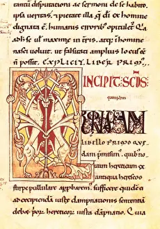 CASIANO, Juan (360-435). Oriental monk and ascetic monk. Page with miniature of "De Incarnatione Domini contra Nestorium". Manuscript of 12th c. Romanesque art
