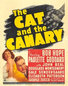 Paulette Prints: THE CAT AND THE CANARY, from left: Paulette Goddard, Bob Hope on window card, 1939