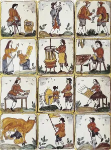 Activities Prints: Catalan glazed tile depicting jobs (17th-18th c)