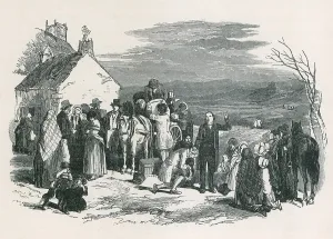 Families Prints: A Catholic priest blesses kneeling immigrants as they to leave their homes