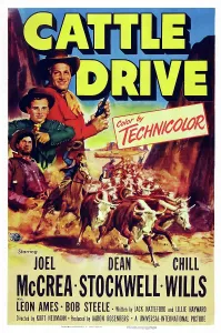 Cattle Prints: CATTLE DRIVE, US poster art, from top left: Joel McCrea, Dean Stockwell, Chill Wills, 1951