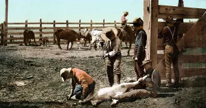 Colorado Prints: Cattle round up, branding calves, Colorado, photochrom, 1898