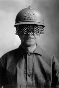 Chains Prints: Chain screens on steel helmet to protect World War I soldiers eyes from fragments of shell