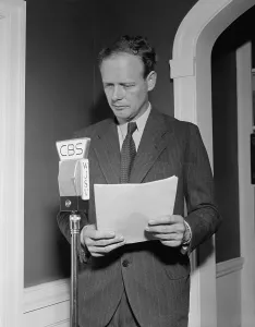 Lcgr1305 Prints: Charles Lindbergh speaking into a CBS microphone
