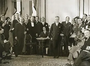 Movie Stars Prints: Charlie Chaplin meets with reporters in his living room at the Hotel Crillon