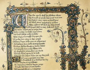 CHAUCER, Geoffrey (1340-1400). Illuminated page from "The Canterbury Tales", unfinished work of Geoffrey Chaucer. Edition from the 15th century. UNITED KINGDOM. London