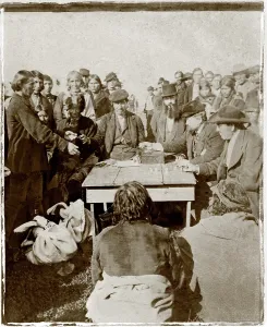 Cherokee Prints: Cherokee Tribe. Possible scene of Federal payouts to Cherokee men. Stereocard, ca. 1870