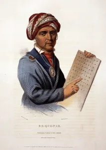 Cherokee Prints: Cherokee Tribe. Se-Quo-Yah, (Sequoyah) holding Cherokee alphabet