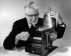 Inventors Prints: Chester Carlson 1906-1968 with the first model of his invention of 1938 that evolved over 20 years into the Xerox