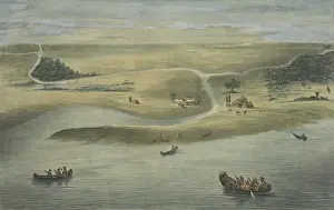 Canoe Prints: CHICAGO IN 1820, with Native American in canoes on Lake Michigan and Euro-American stockade buildings