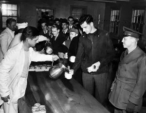 Pouring Prints: Chicago draftees line up to taste their first Army food after their arrival at Fort Sheridan