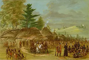 Priest Prints: CHIEF OF THE TAENSA INDIANS RECEIVING LA SALLE, MARCH 20, 1882, by George Catlin, ca. 1848