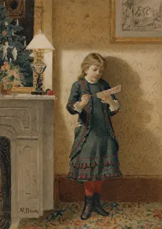 Holiday Prints: CHILD WITH CHRISTMAS CARD, by lden Finney Brooks, 1890-1900, American watercolor painting