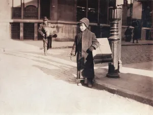 Broadway Prints: Child labor, ten-year-old child carrying a box of artificial leaves from Leroy Street across Broadway