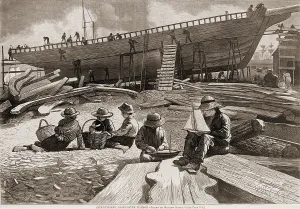 Winslow Prints: Children building model ships in the foreground at a shipyard