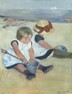 Pinafore Prints: Children Playing on the Beach, by Mary Cassatt, 1884, American painting, oil on canvas