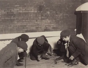 Brick Wall Prints: Children playing a dice game, from original caption: playing craps in the jail alley at 10 P