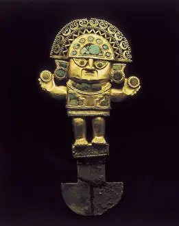 Pre Columbian Prints: Chimu Tumi. 1100-1440. Gold and turquoise ceremonial knife