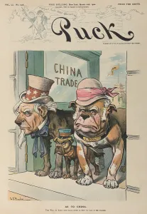 February Prints: AS TO CHINA. Cartoon shows Uncle Sam John Bull and Japan as dogs guarding an open doorway China Trade'