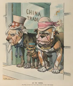 February Prints: AS TO CHINA. Cartoon shows Uncle Sam John Bull and Japan as dogs guarding an open doorway China Trade'