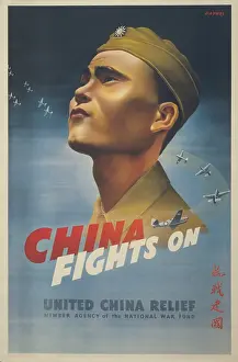 Alliances Prints: China Fights On. World war 2 poster shows a Chinese airman looking up at the sky with small airplanes flying around him