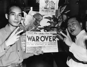 Asian American Prints: Two Chinese-Americans celebrating the announcement of the end of World War II