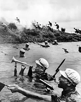 Red China Prints: Chinese Communist soldiers cross a river during training