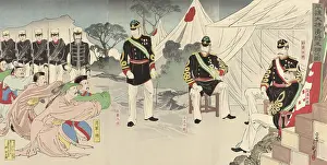 Woodcut Prints: Chinese generals on their knees after their defeat by Japanese at Pyongyang