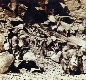 Train Tracks Prints: Chinese laborers among the mountain rocks near the opening of Summit Tunnel During the construction of the Central