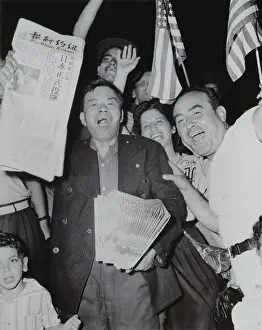 Rs4wn Prints: Chinese newspaper vendor, among crowd waving American flags in Chinatown