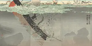 Woodcut Prints: Chinese warship sunk during the Battle of the Yellow Sea, Sept 17, 1894
