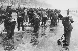 Beijing Prints: Chinese workers clear snow and ice from Beijing streets with shovels during Nixon's trip to China