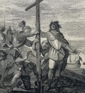 Columbus Prints: Chistopher Columbus putting the Cross on discovered land