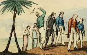 1790s Prints: Christian slaves in chains, as captives of a North African man